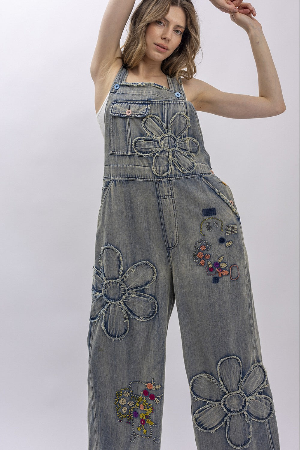 Front view embroidered patchwork denim bib overalls
