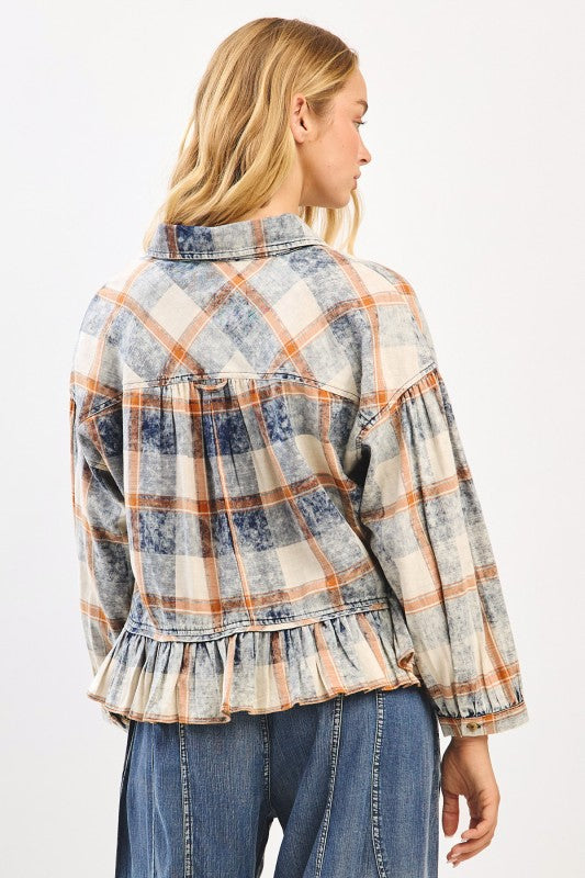 Back view of boho plaid shirt with ruffle peplum hem