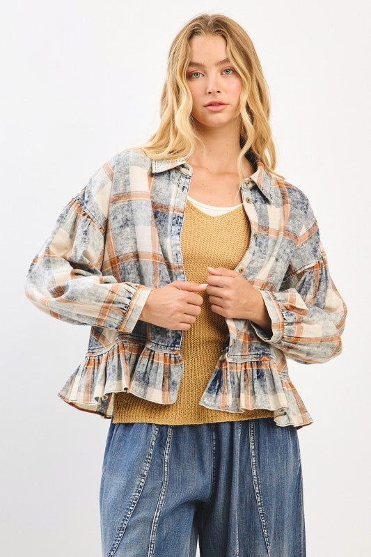 Washed Plaid Peplum Button-Down Top