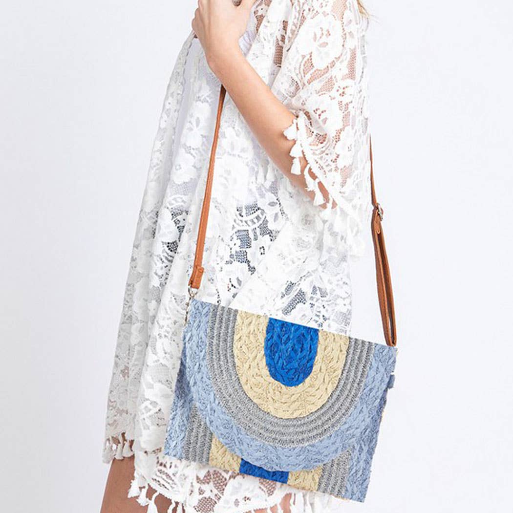 METALLIC LINED MULTI COLOR STRAW CLUTCH & CROSSBODY BAG.