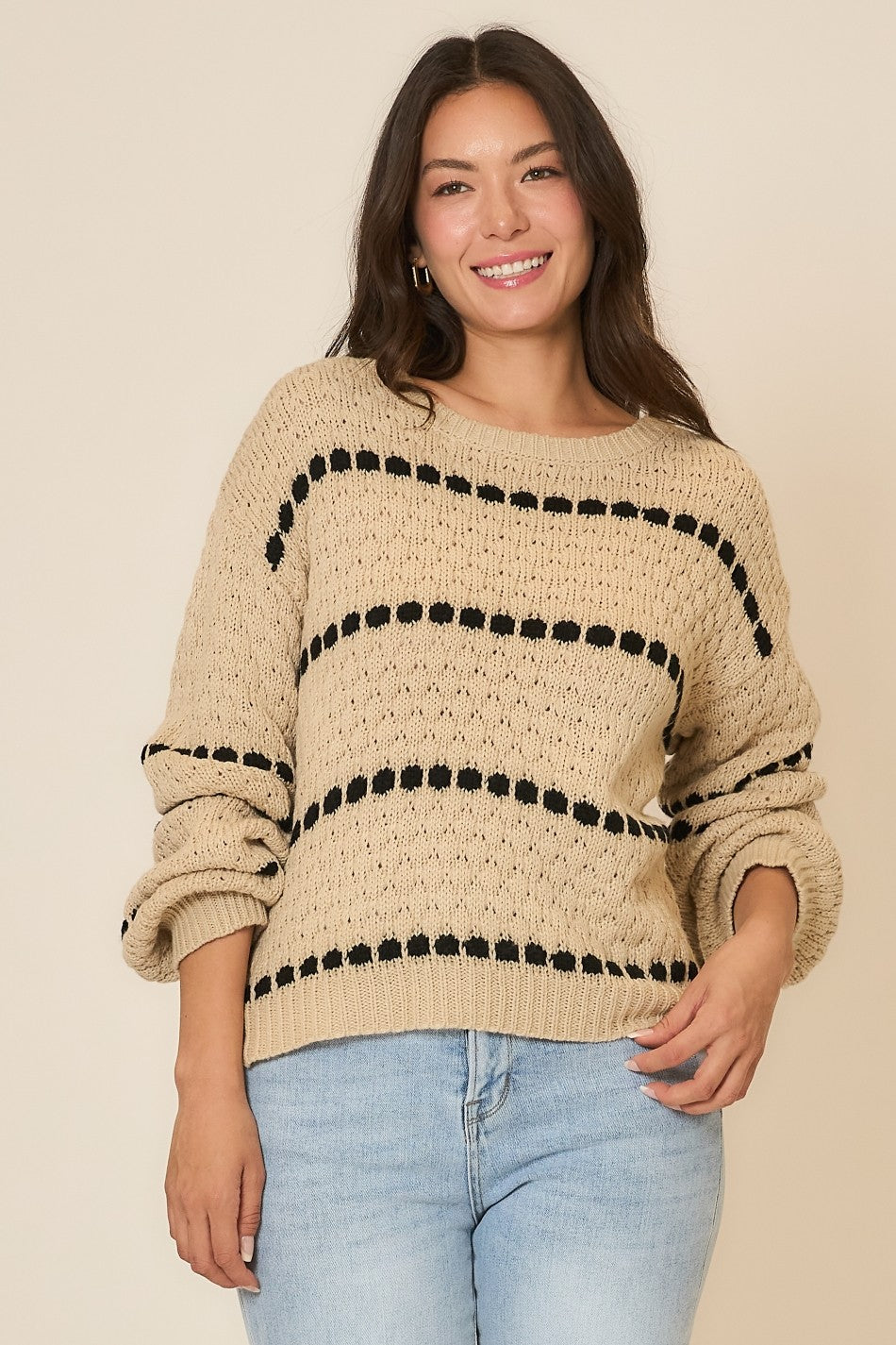 Spot Stripe Balloon Sleeve Sweater