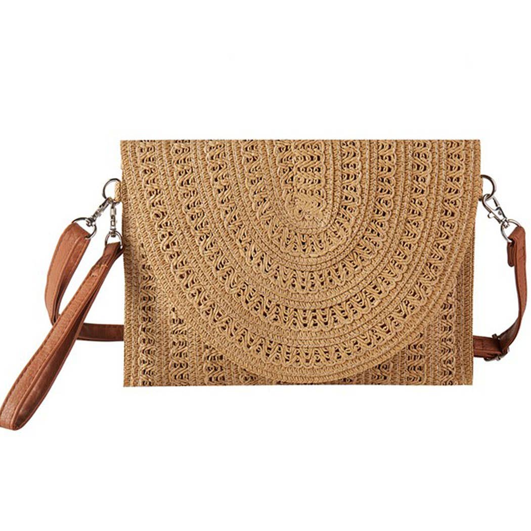 WOVEN PATTERN STRAW CLUTCH & CROSSBODY BAG