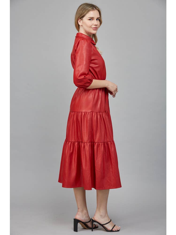 Faux Leather Tiered Midi Dress