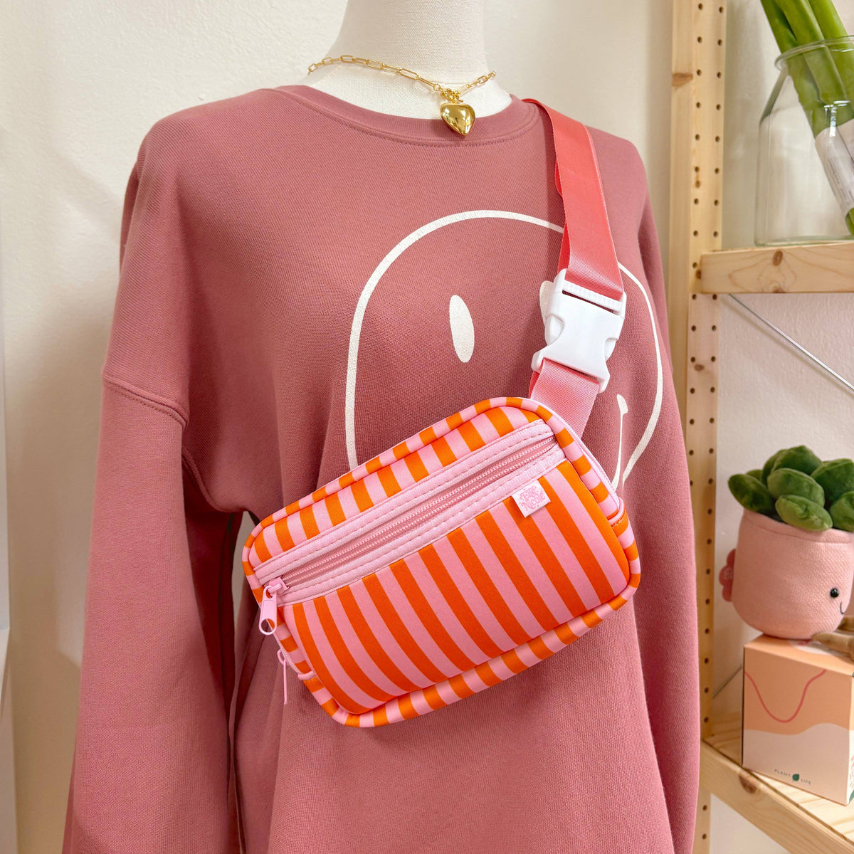 Crossbody Bag - Pink & Orange Stripes - Belt Bag