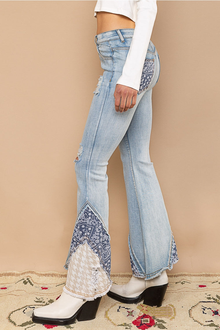 BB-Flare Cut Asymmetrical Patch Jeans