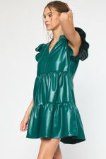 Faux Leather Tiered Mini Dress with Ruffle Sleeves