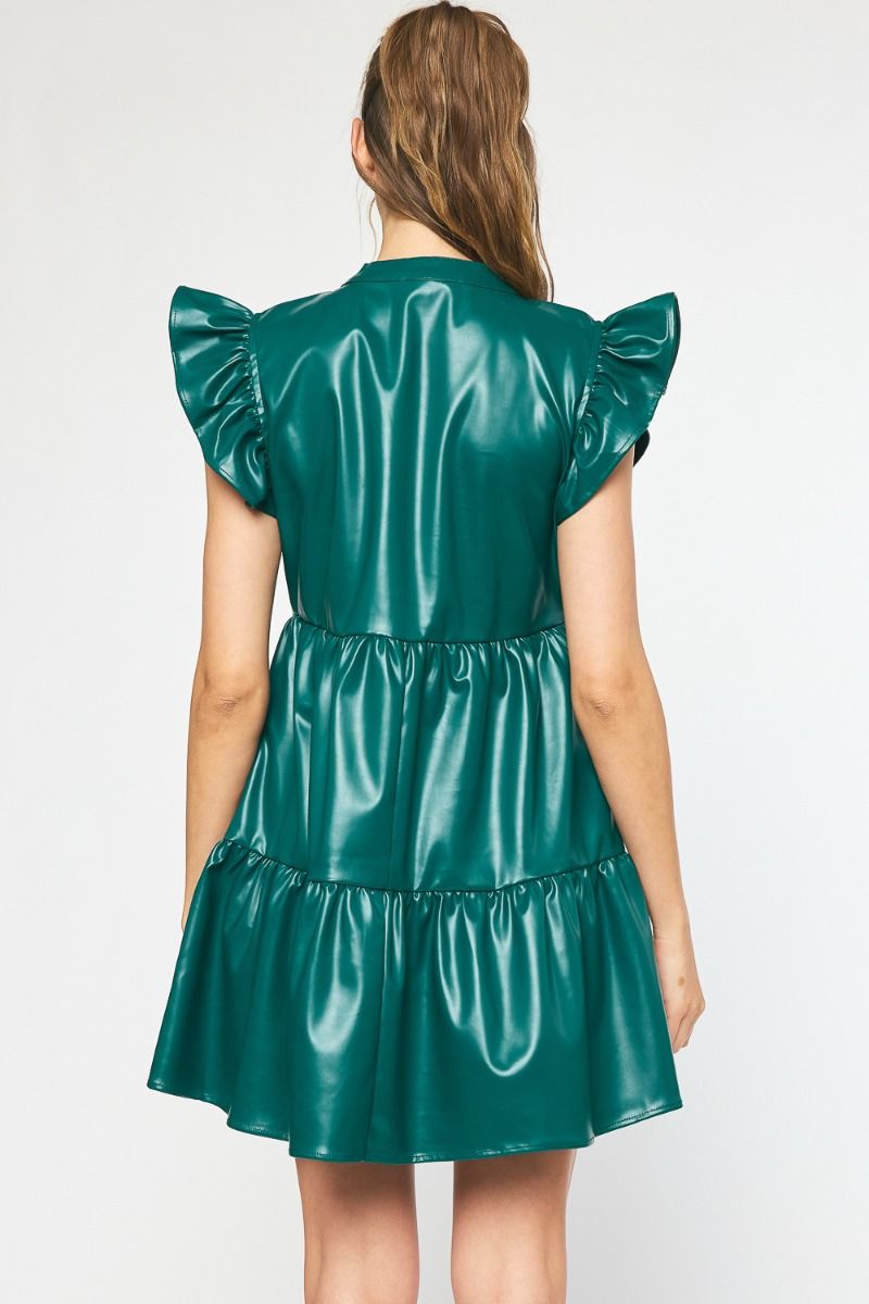 Faux Leather Tiered Mini Dress with Ruffle Sleeves
