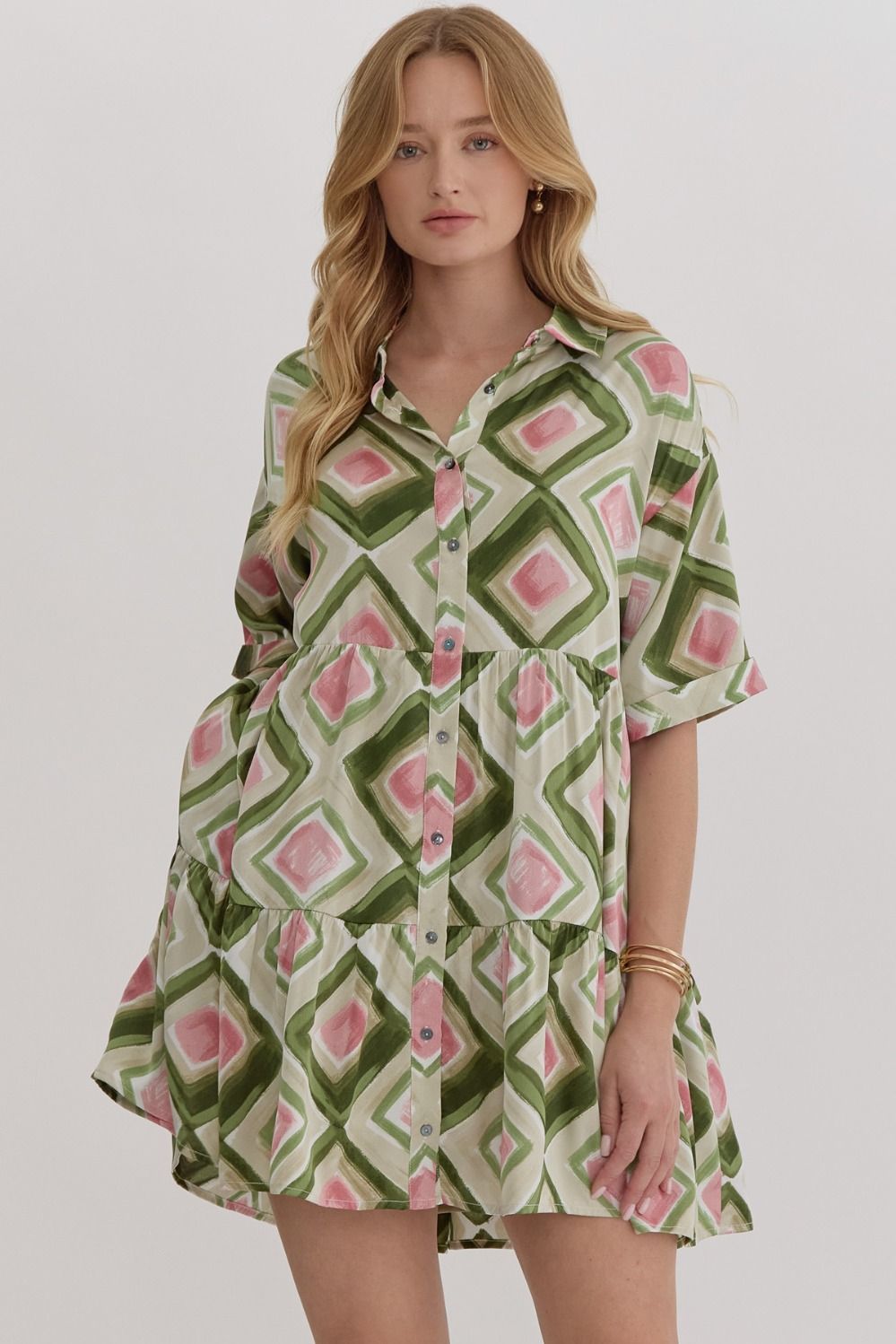 Tiered Button-Up Dress with Rolled Cuffs