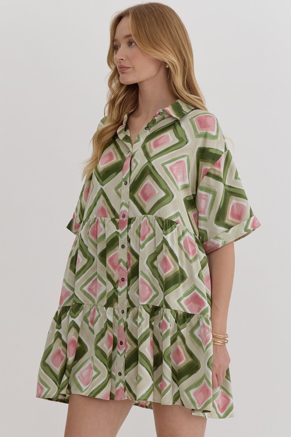 Printed tiered button-up dress with rolled cuffs
