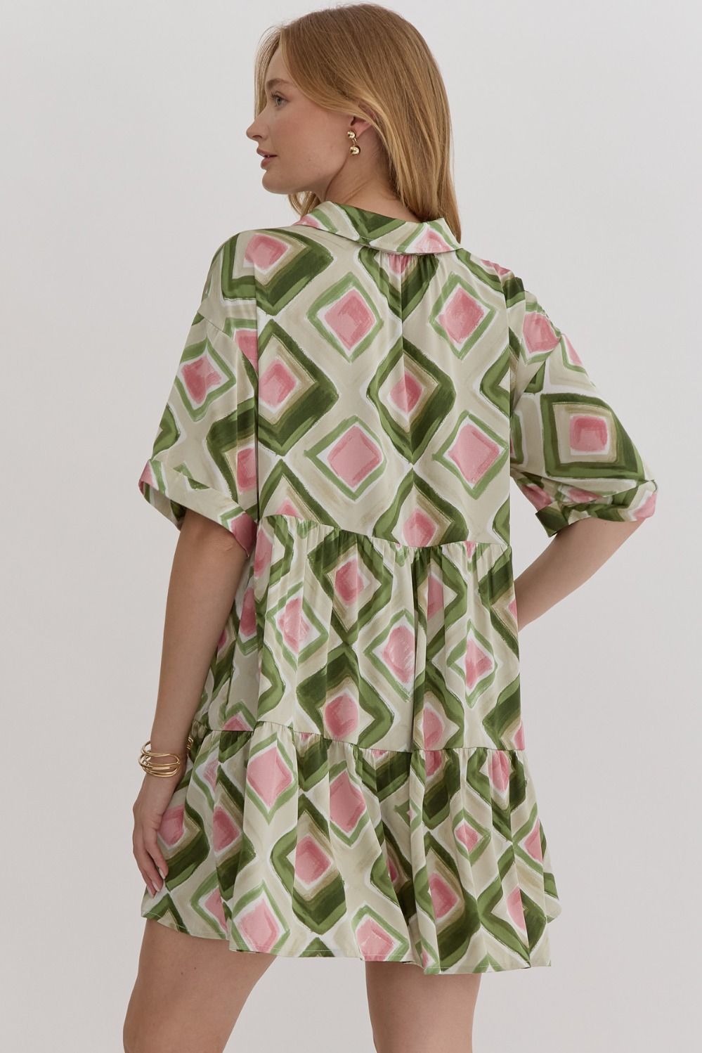 Tiered Button-Up Dress with Rolled Cuffs