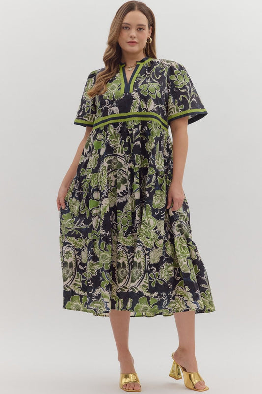 Floral Print Midi Dress with Contrast Trim - Talk of the Town