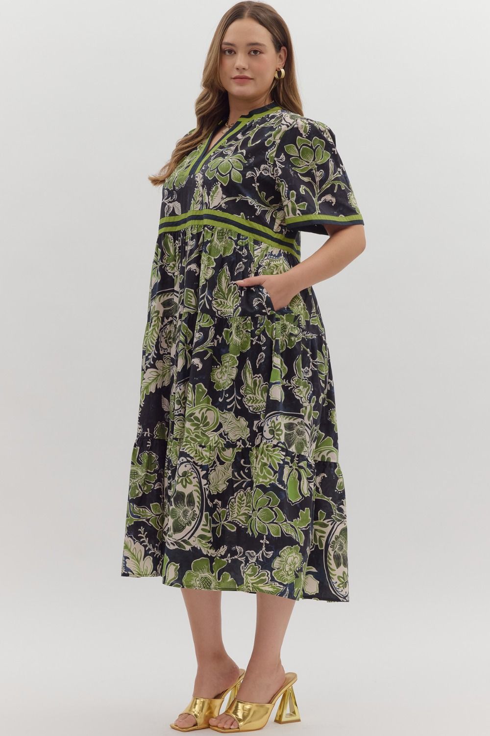 Floral Print Midi Dress with Contrast Trim