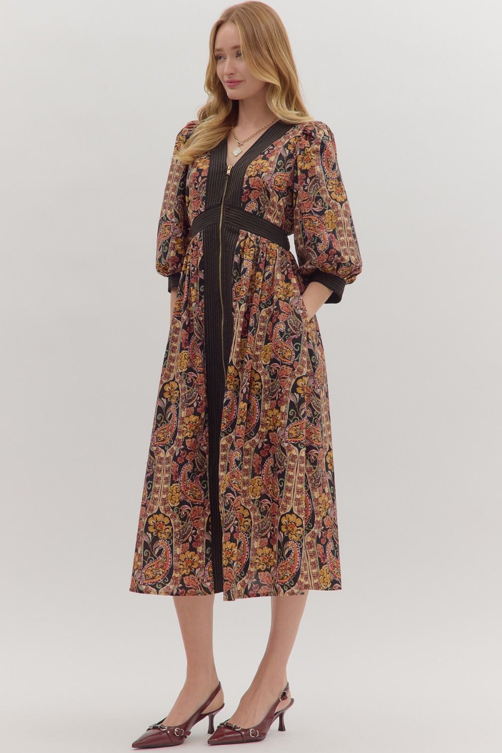 Paisley Print Zipper Closure Midi Dress - Talk of the Town