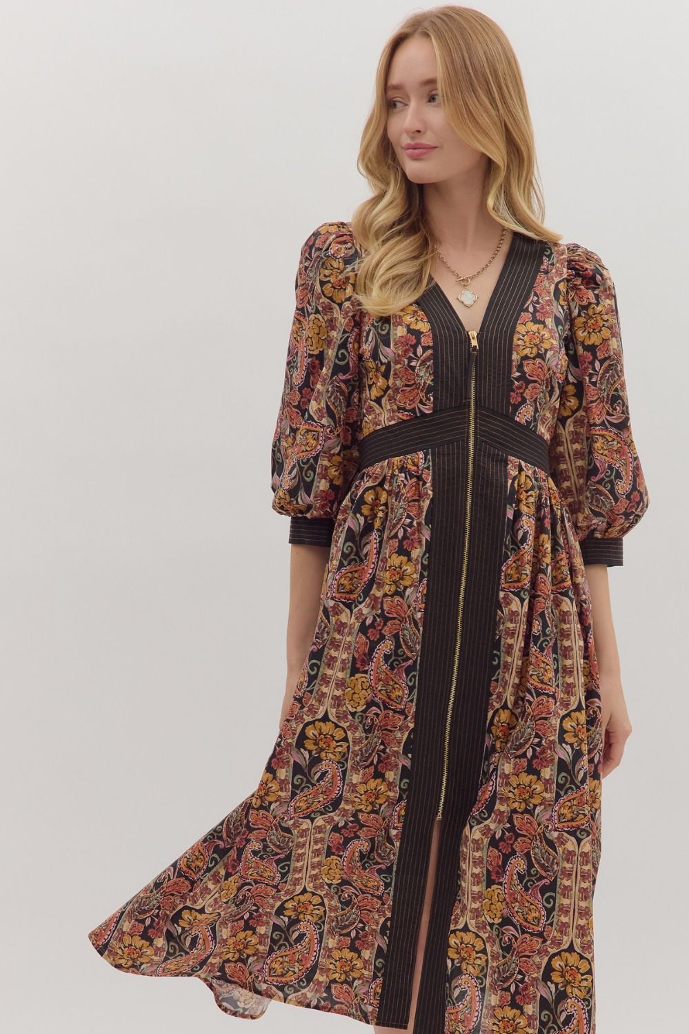 Paisley Print Zipper Closure Midi Dress - Talk of the Town