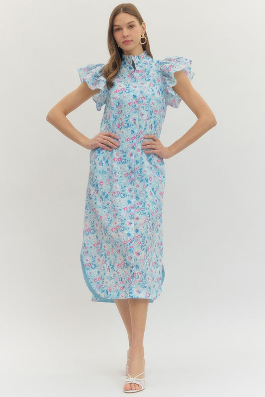 Cutesy Blue Button Down Floral Dress