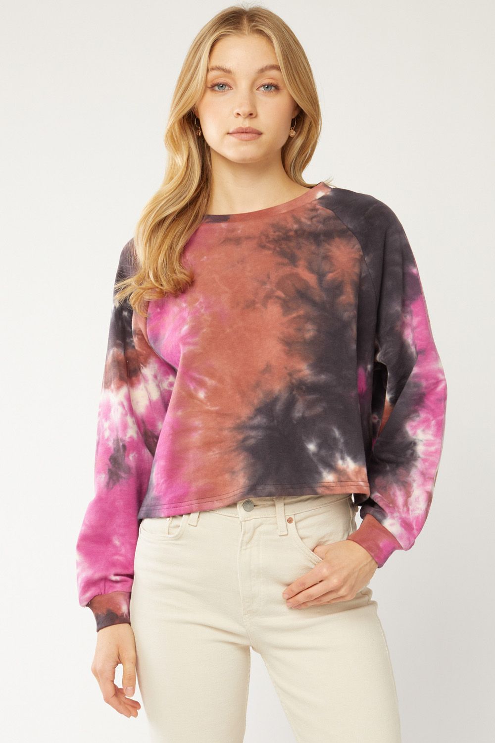 Model wearing tie-dye cropped cotton pullover sweater