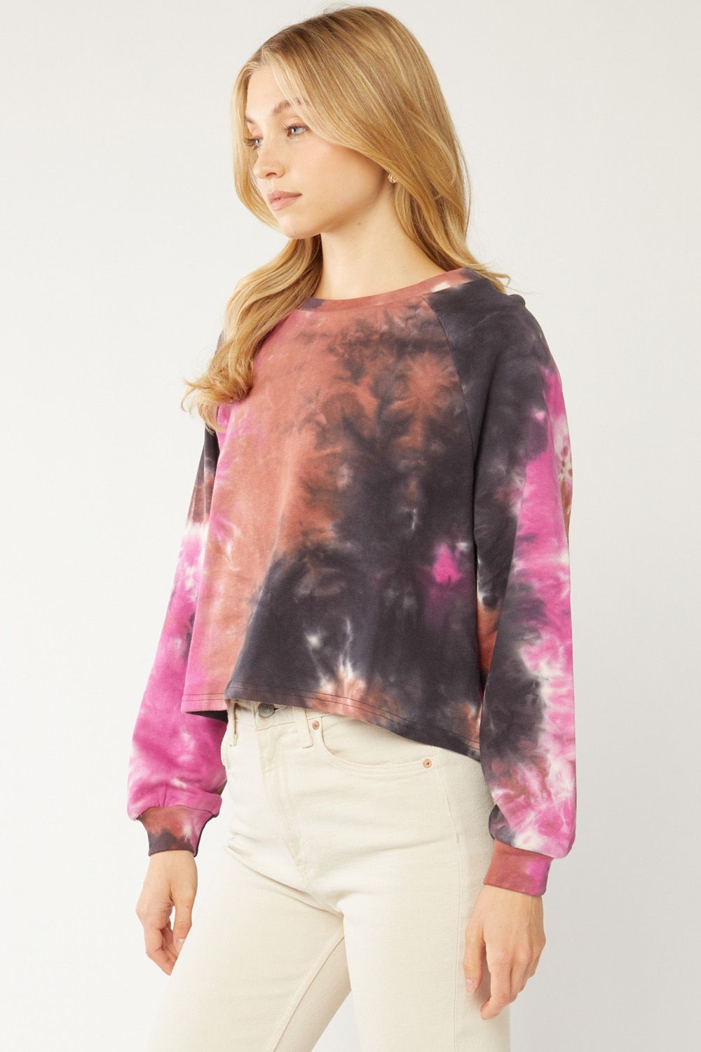 Lightweight tie-dye knit cropped sweater front view