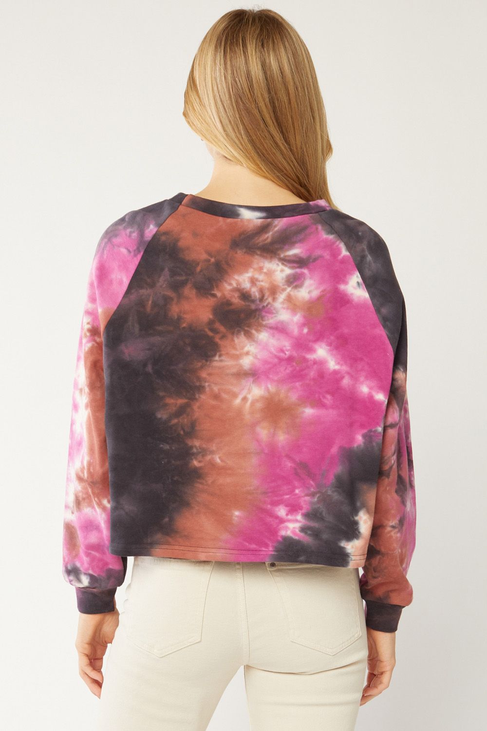 Back view of tie-dye lightweight cropped pullover