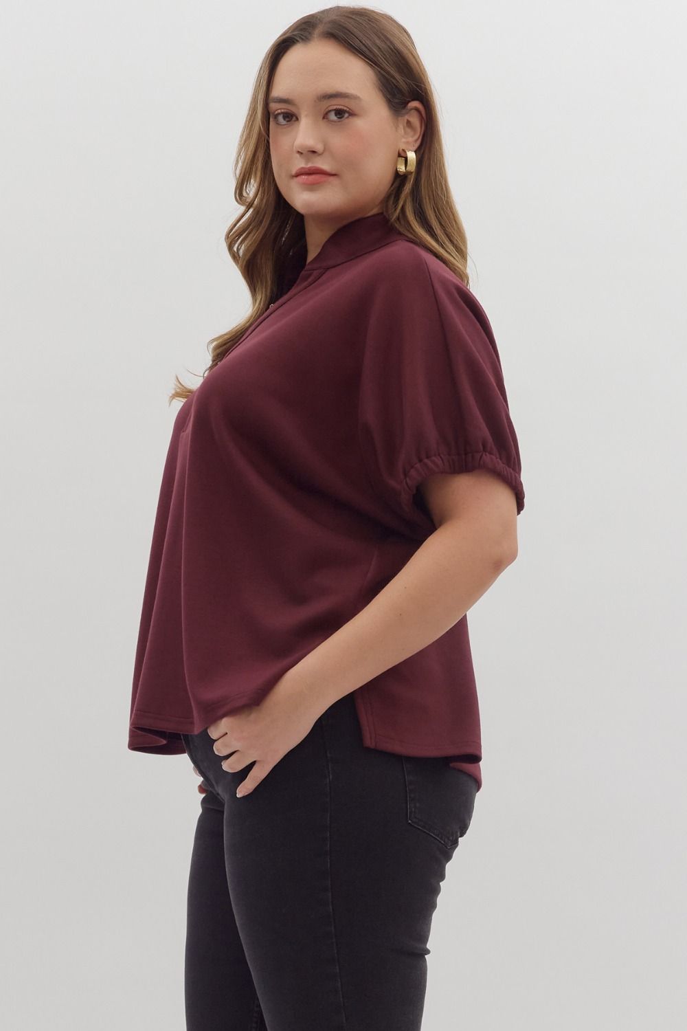 Split V-neckline Solid S/S Top