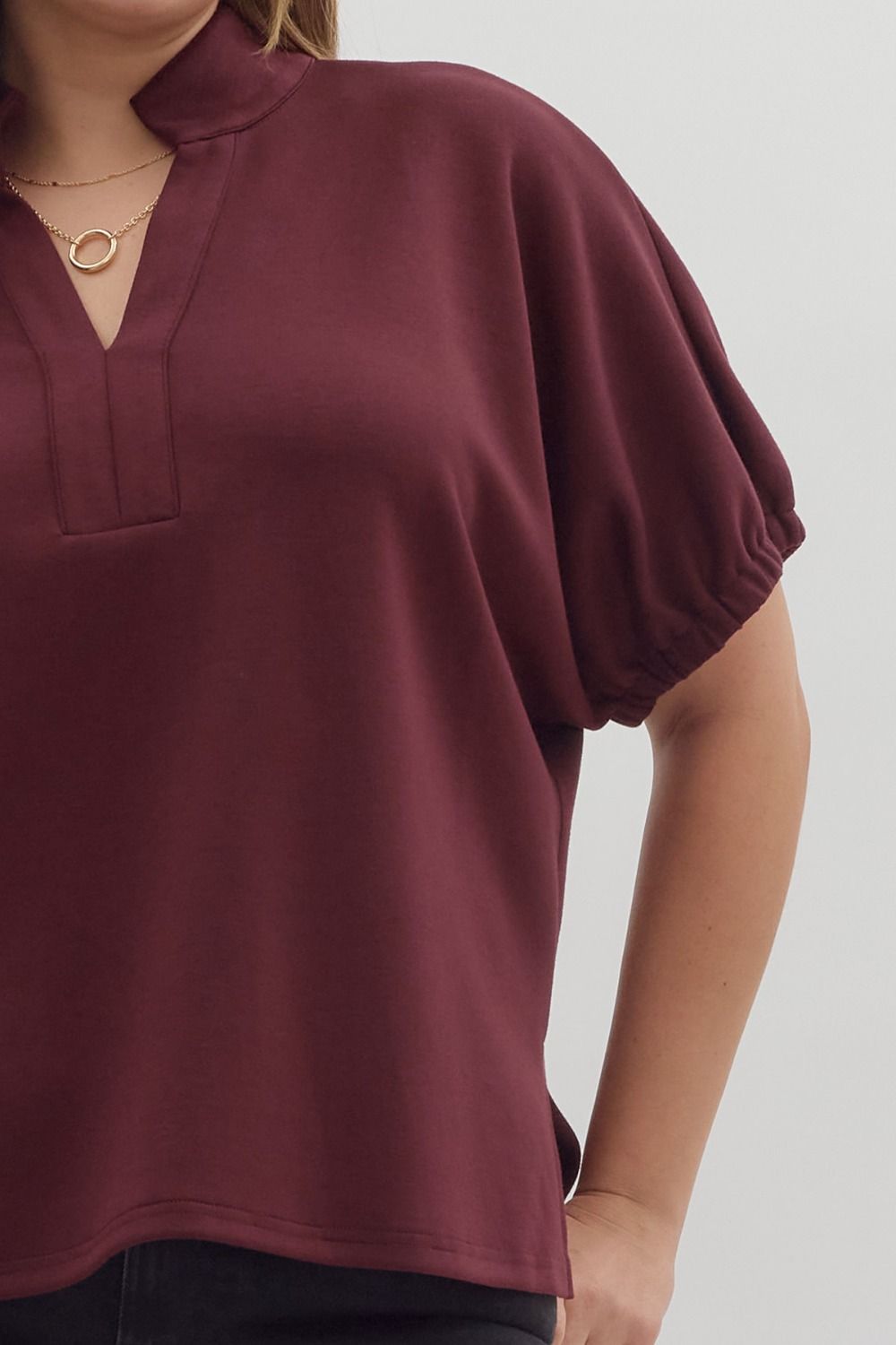 Split V-neckline Solid S/S Top
