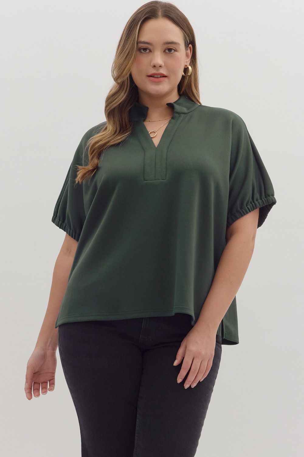 Split V-neckline Solid S/S Top