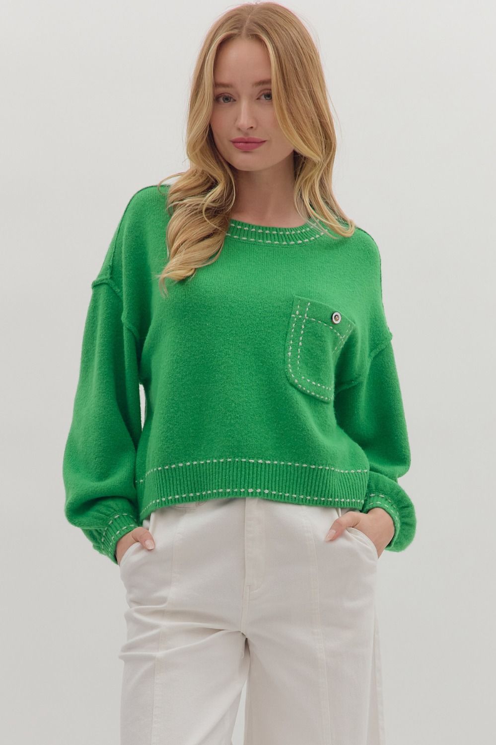 Contrast Stitch and Button Pocket Knit Sweater