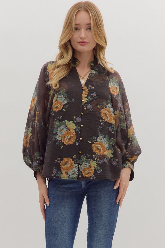 Floral puff sleeve ruffle collar blouse – front view”