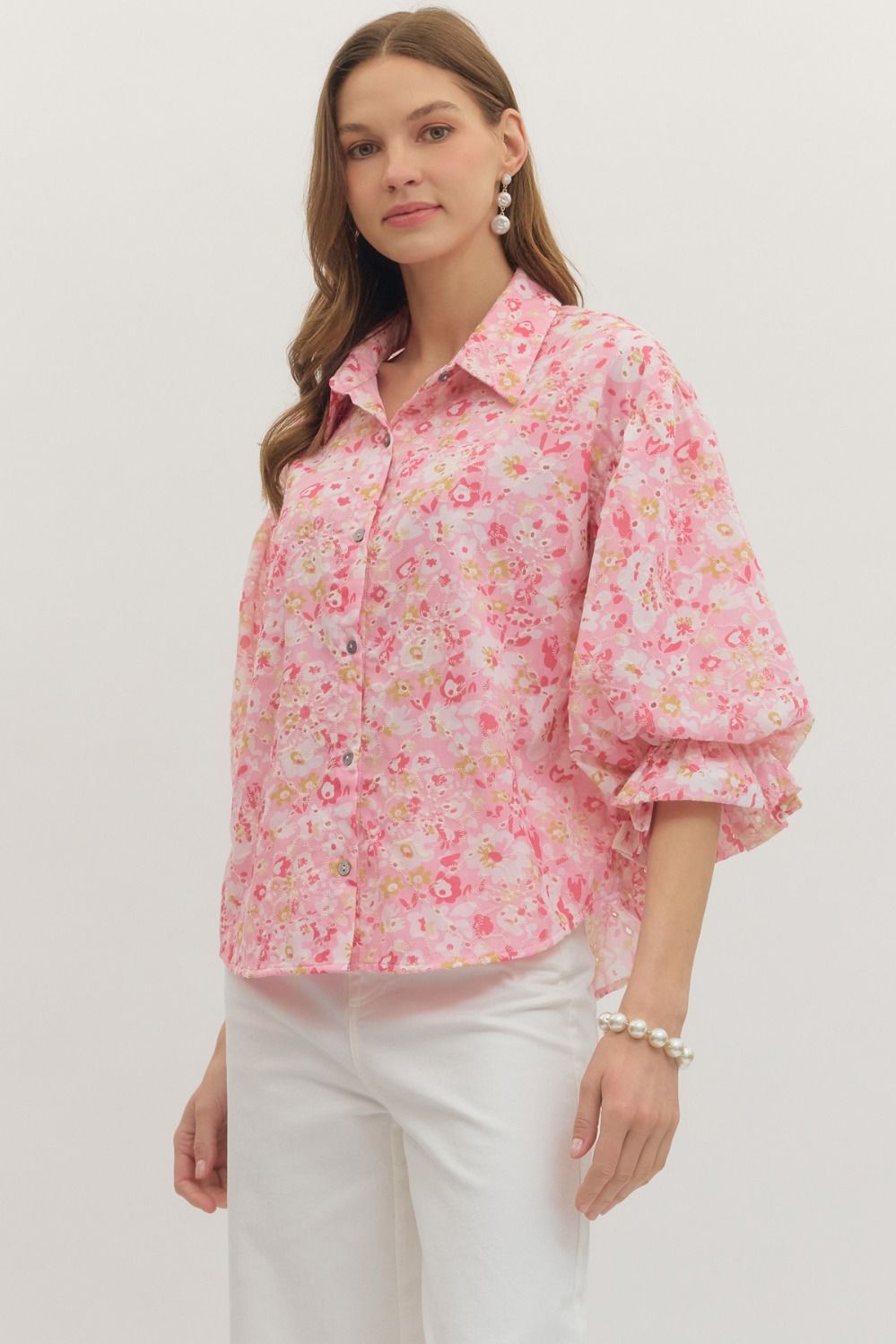 Cutesy Pink Button Down Floral Top