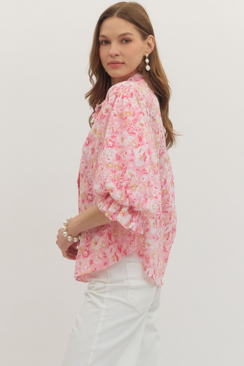 Cutesy Pink Button Down Floral Top