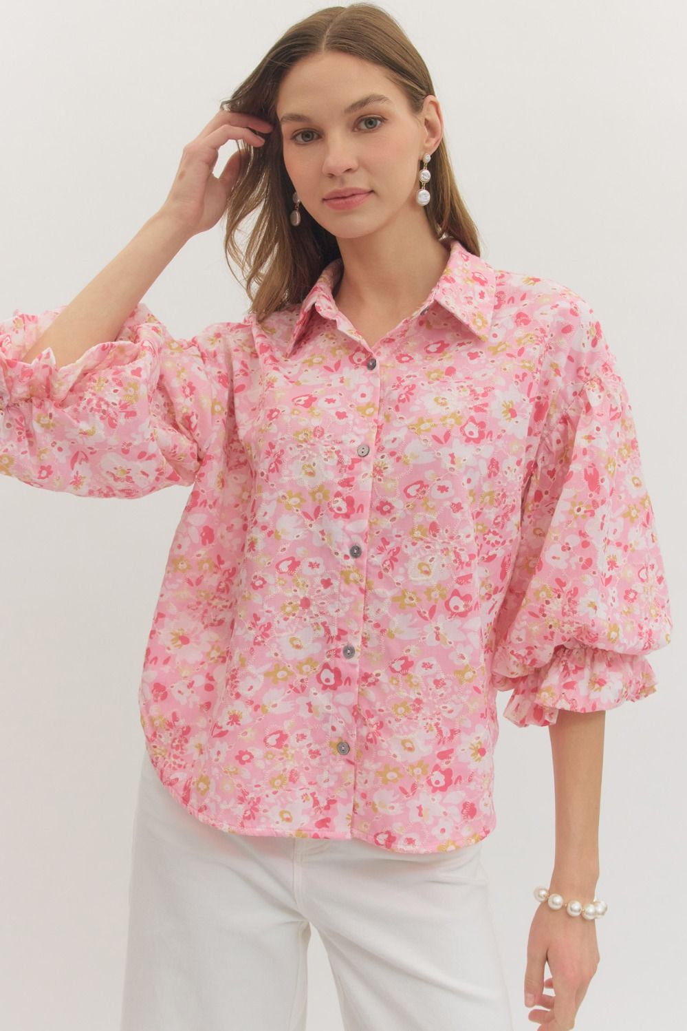 Cutesy Pink Button Down Floral Top