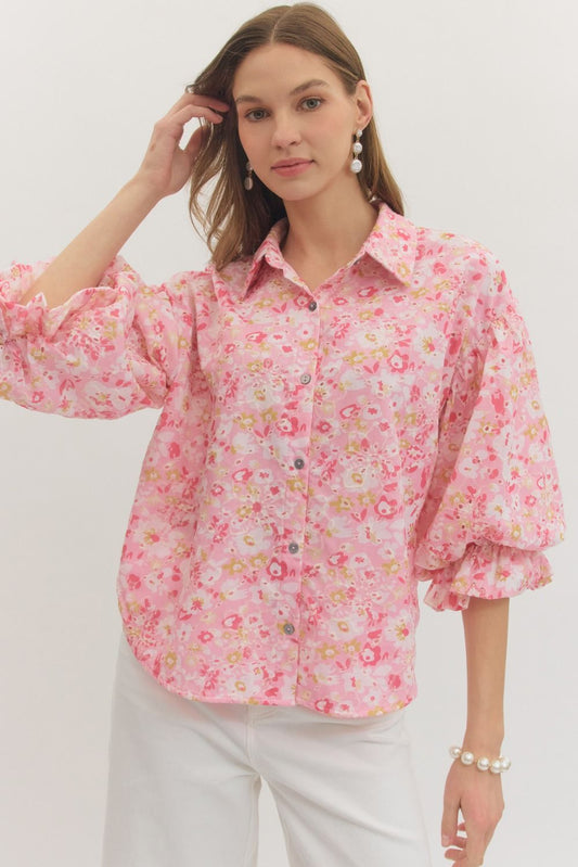 Cutesy Pink Button Down Floral Top