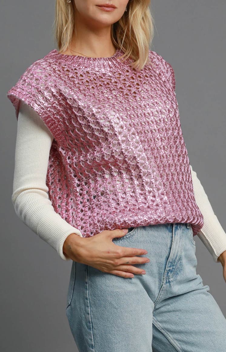 Metallic foil sweater vest front view on model