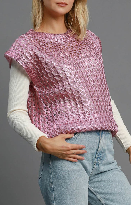 Metallic foil sweater vest front view on model