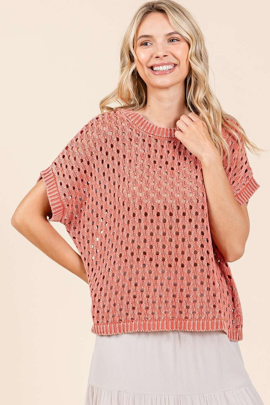 Close-up of crochet cotton knit texture and ribbed neckline