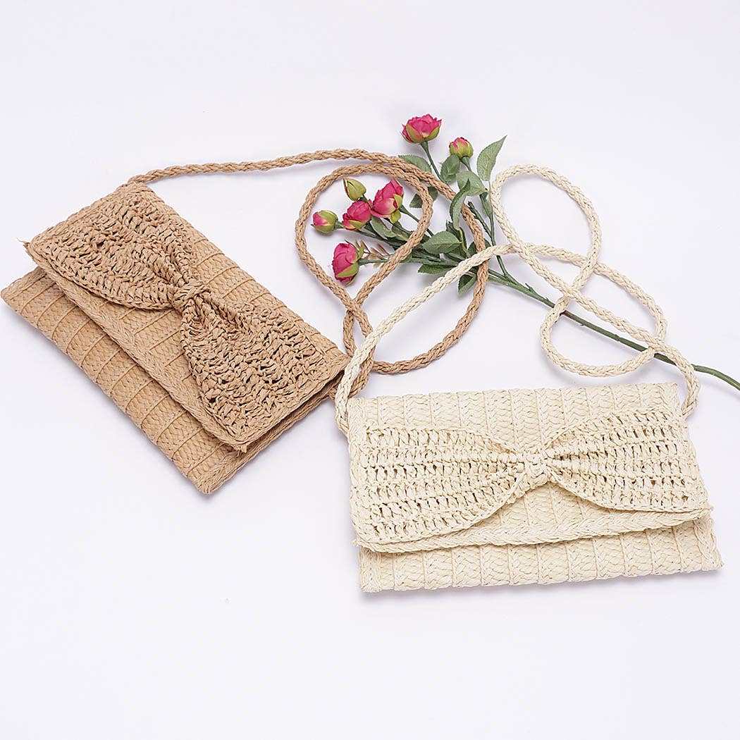 Faux Straw Handmade Ribbon Flap Cltuch