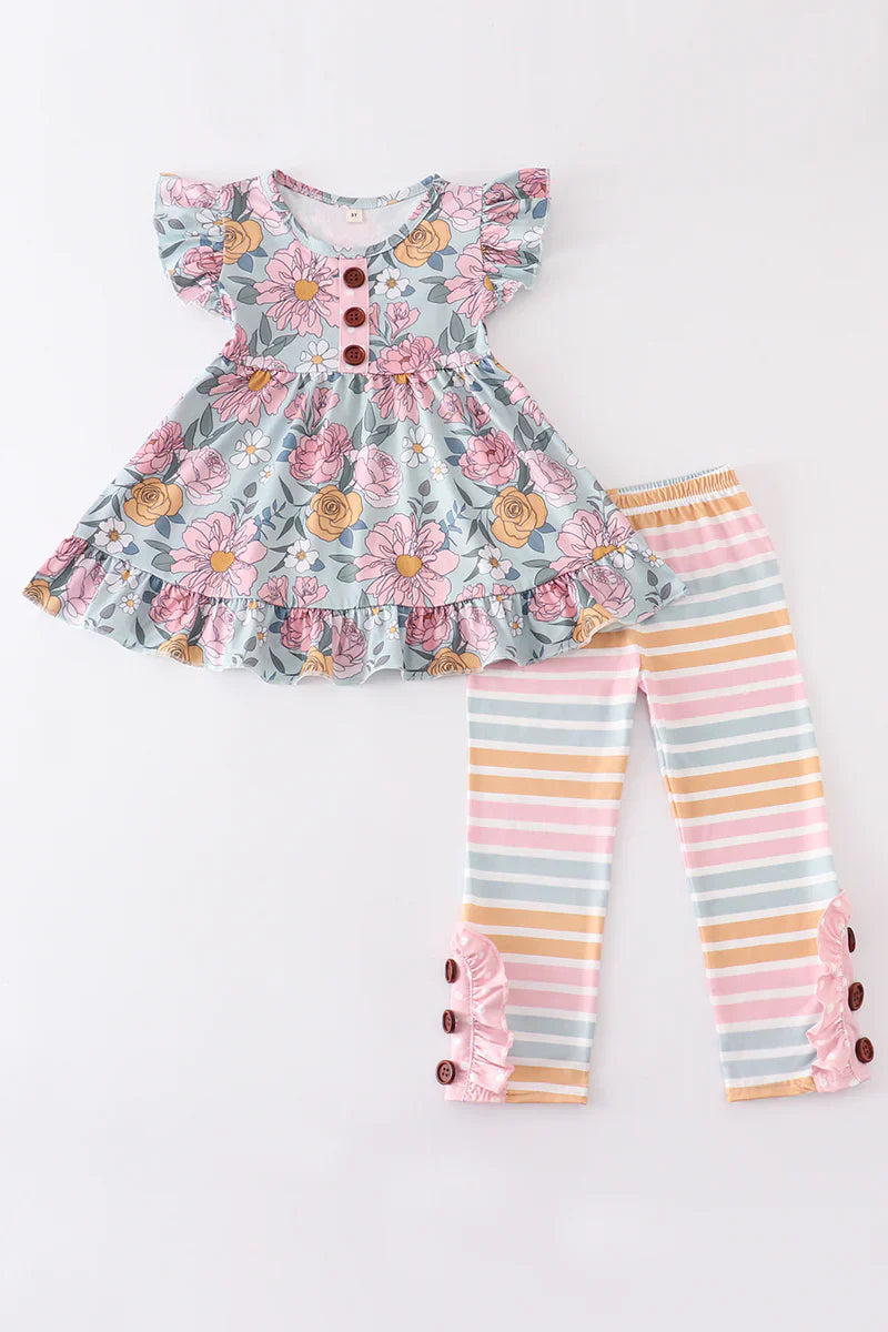 Hallie Girls Floral Print Ruffle Stripe Set