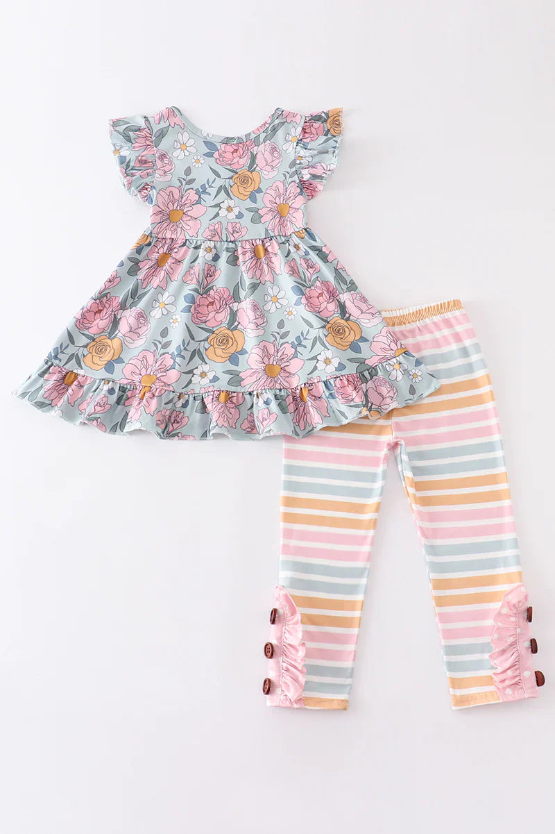 Hallie Girls Floral Print Ruffle Stripe Set