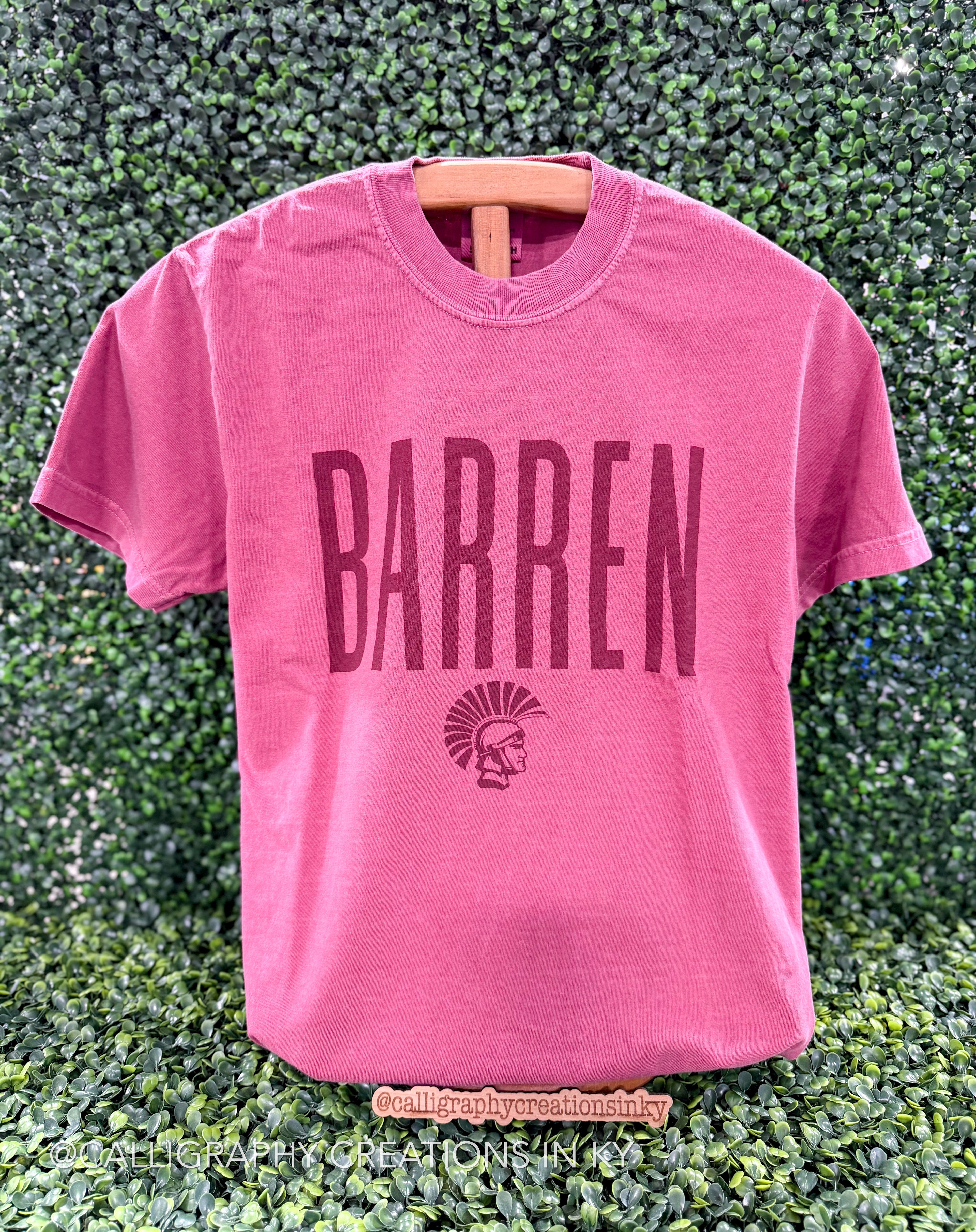 A pink short-sleeve t-shirt with a dark maroon graphic print reading 'BARREN' and a Spartan helmet logo, displayed on a wooden hanger against a green hedge background.