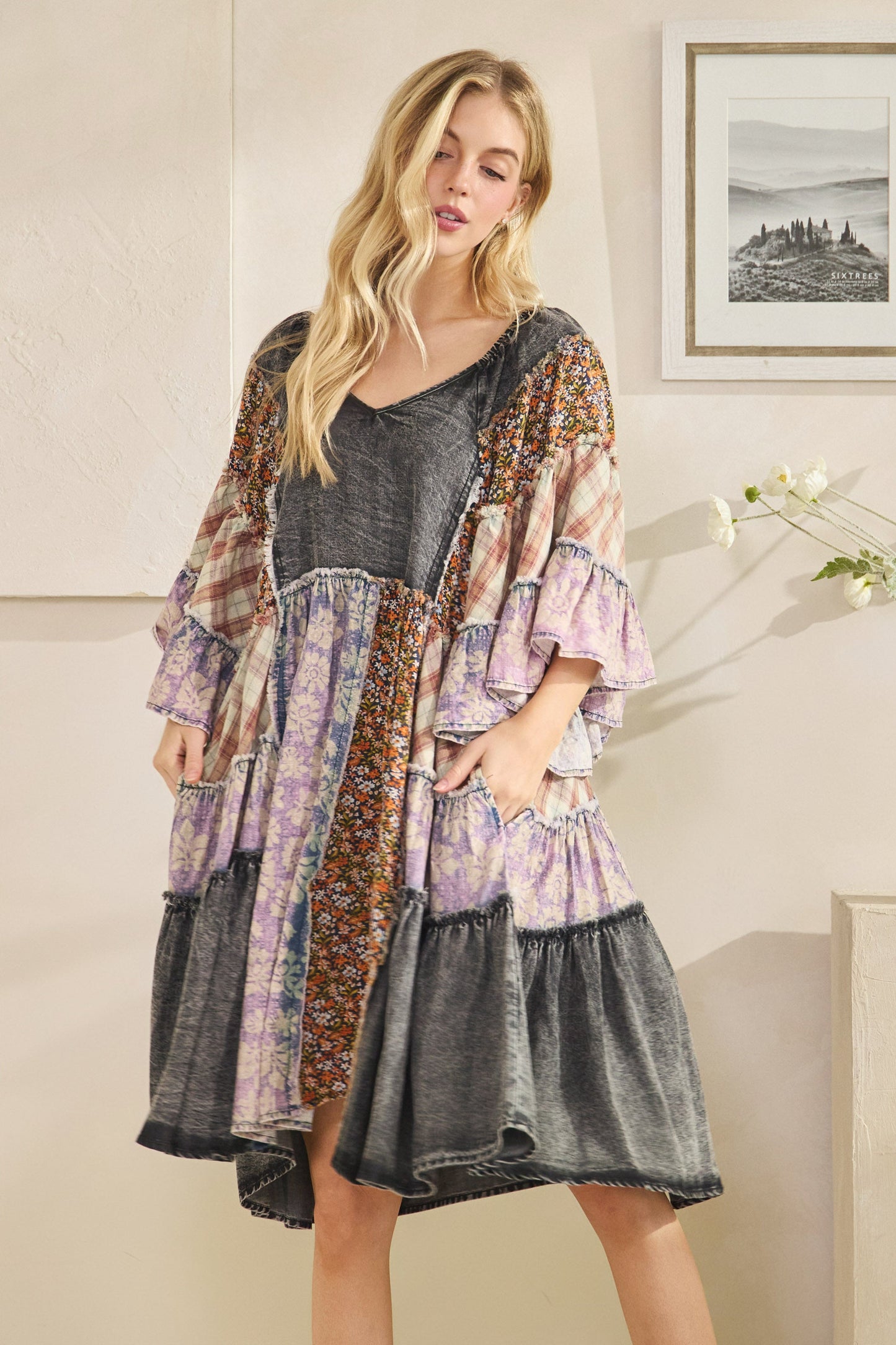 Washed Mix Printed Tiered Ruffle Tunic Dress