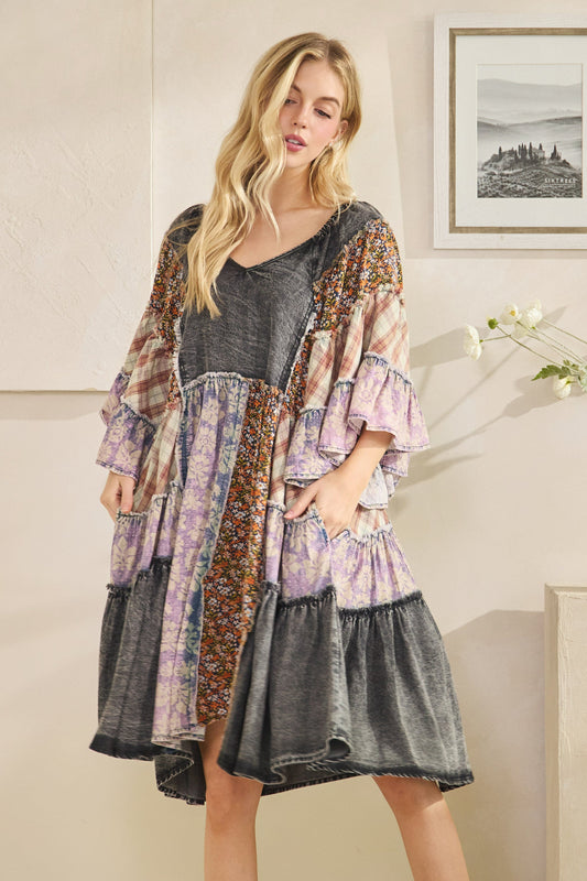 Washed Mix Printed Tiered Ruffle Tunic Dress