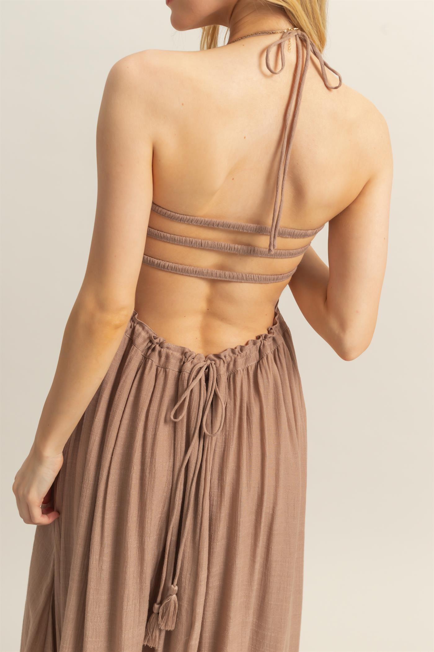 Halter Neck smocked Bodice Tiered Hem Maxi Dress
