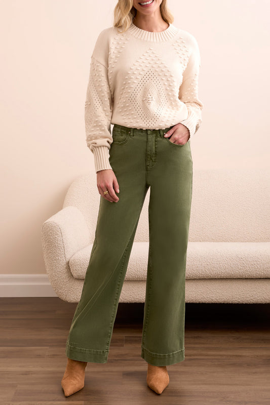 “Women’s Comfort Stretch Fly Front Wide Leg Pants in Chive Green”
