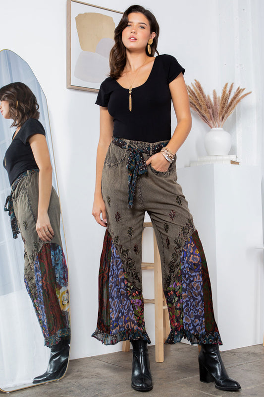 Embroidered Patchwork Bellbottom Pants