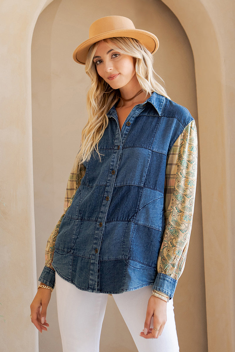 Patchwork Denim/ Cotton Button Shirt