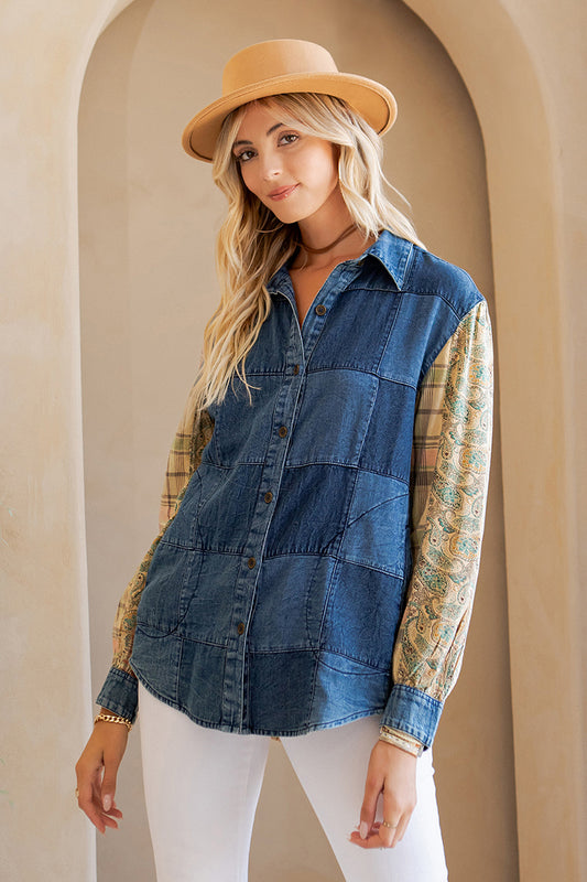 Patchwork Denim/ Cotton Button Shirt