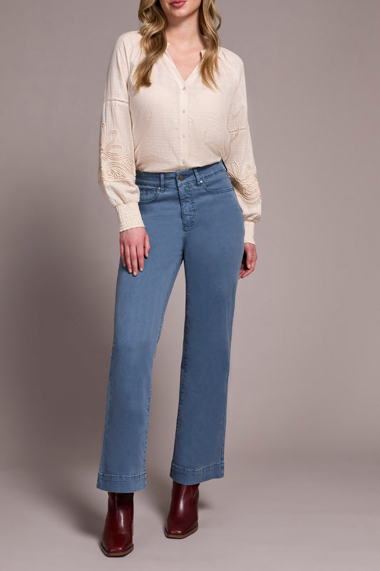Fly Front Wide Leg Pants-Slate Blue