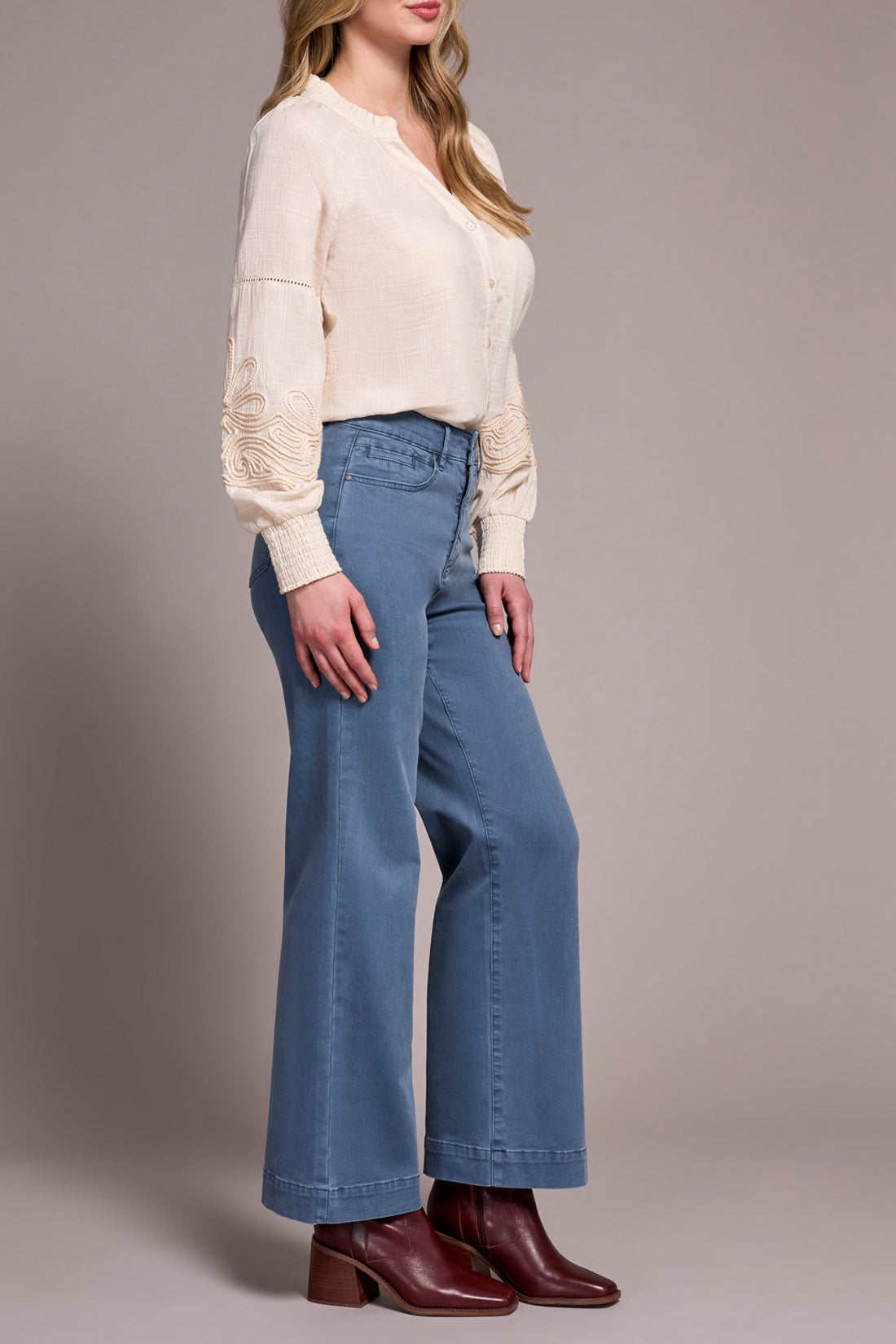 Fly Front Wide Leg Pants-Slate Blue